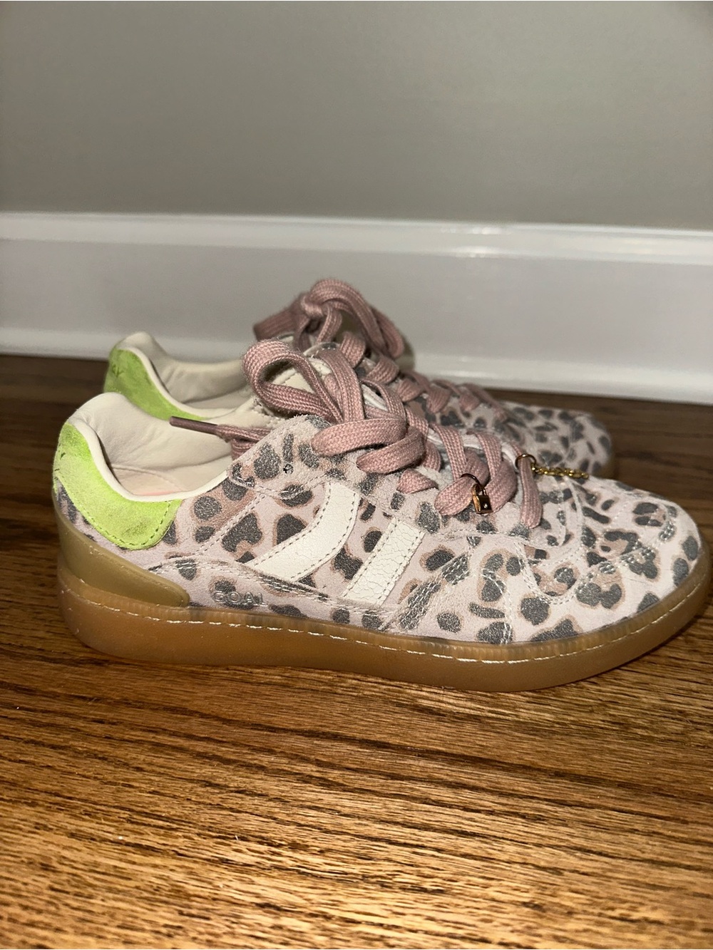 Coolway Goal Pink Leopard Print Sneakers with Lime Heel Accent